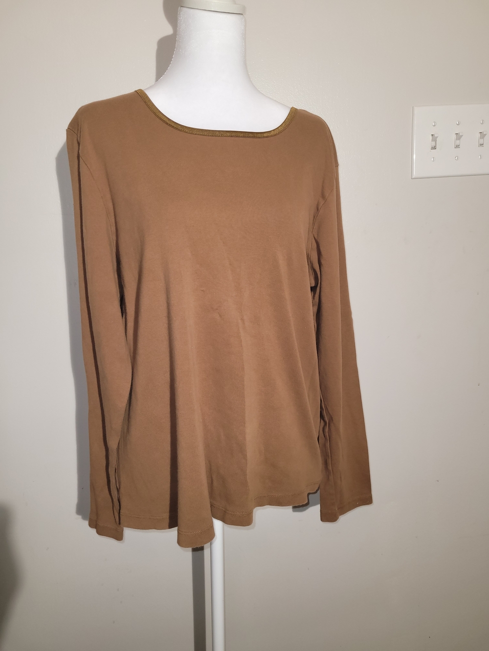 NorthStyle Long Sleeve Scoop Neck Top - Brown with Olive Trim